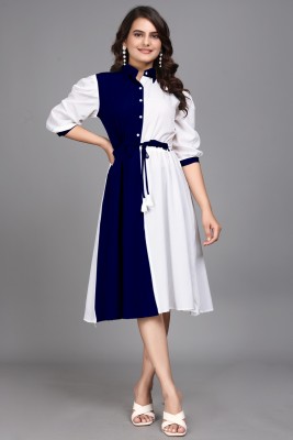 HEMANG FASHION Women A-line Blue, White Dress