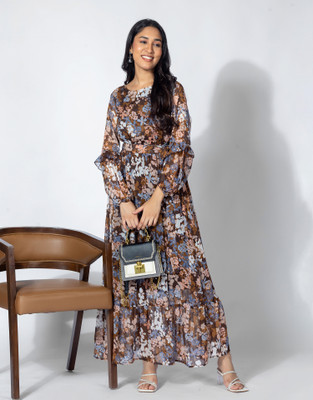 all about you Women Tiered Brown Maxi/Full Length Dress