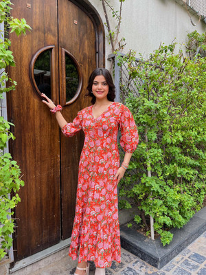 Vishva creation Women Fit and Flare Multicolor Maxi/Full Length Dress