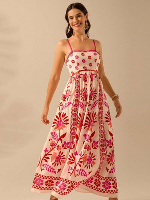Sheetal Accociates Women Fit and Flare Red, Beige Maxi/Full Length Dress