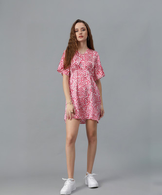KOTTY Women Fit and Flare Pink, White Above Knee/Mid Thigh Length Dress