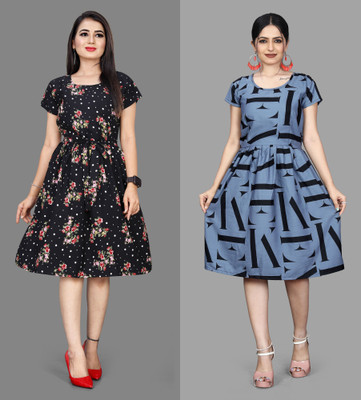 Madhave Women Fit and Flare Black Below Knee Dress