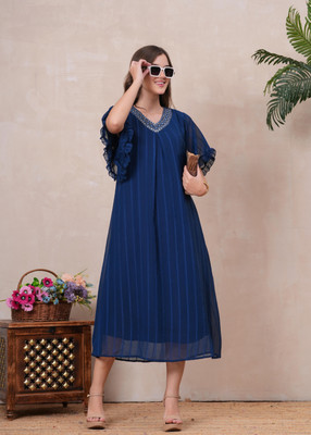 Highlight fashion export Women Fit and Flare Dark Blue Midi/Calf Length Dress