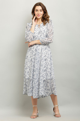 A R J FASHION Women Fit and Flare White, Grey Midi/Calf Length Dress