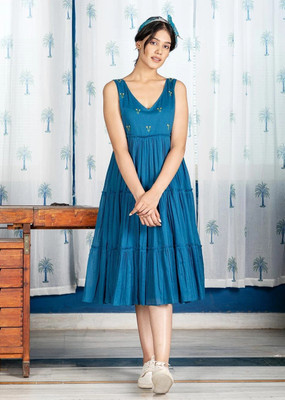Alluring Women A-line Blue Midi/Calf Length Dress