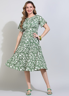 Clory fashion Women Fit and Flare Green Midi/Calf Length Dress