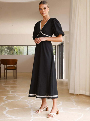 OUTZIDR Women A-line Black Midi/Calf Length Dress