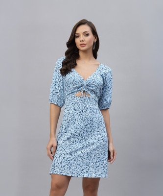 AAYU Women Skater Light Blue Knee Length Dress