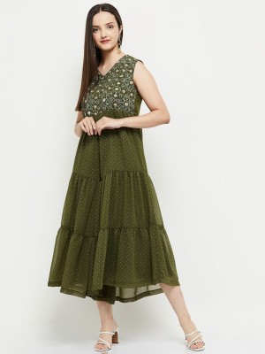 MAX Women Fit and Flare Dark Green Dress