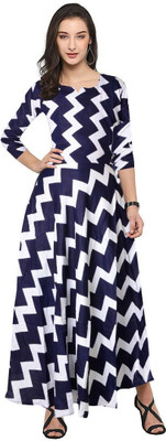 HouseOfCommon Women Maxi White, Blue Full Length Dress