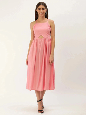 IQRAAR Women Fit and Flare Pink Midi/Calf Length Dress