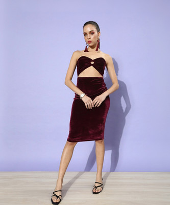 STREET9 Women Bodycon Maroon Above Knee/Mid Thigh Length Dress