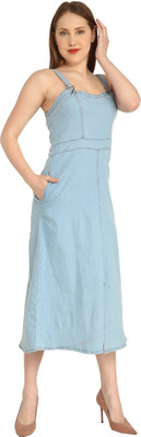 VEEROLI Women A-line Light Blue Below Knee Dress
