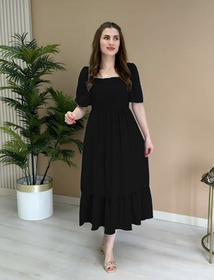 Kismat Fashion Women A-line Black Midi/Calf Length Dress