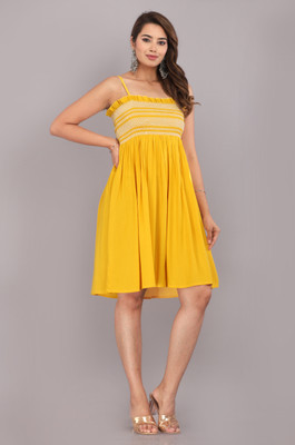 CHOLKI Women Fit and Flare Yellow, White Knee Length Dress