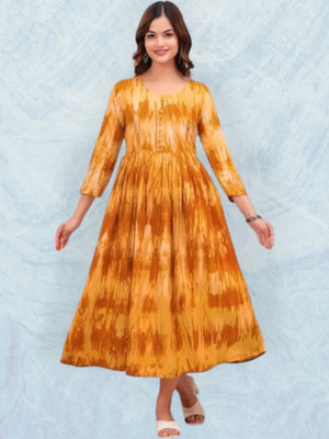 fashionstreet Women Gown Yellow, Brown Below Knee Dress