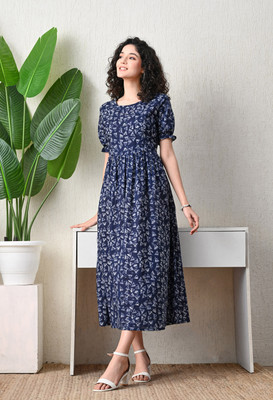 ichaa Women A-line Dark Blue Midi/Calf Length Dress