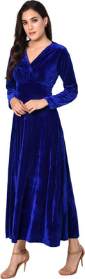 CHEVIOUT Women A-line Dark Blue Maxi/Full Length Dress