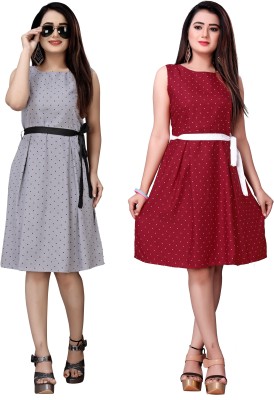 Hiral Creation Women Fit and Flare Red, Grey Dress