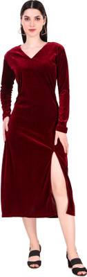 LADY SHOPI Women Bodycon Maroon Below Knee Dress