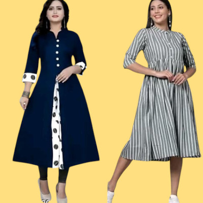 Texpamz Women Striped A-line Kurta(Blue, Grey)