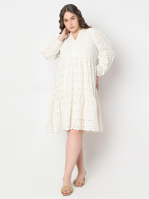 Vero Moda Curve Women Fit and Flare Beige Above Knee/Mid Thigh Length Dress