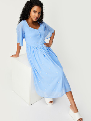 MAX Women A-line Light Blue Below Knee Dress