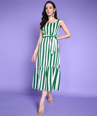 METRONAUT Women A-line Green, White Midi/Calf Length Dress