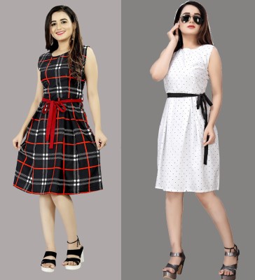 tanvi creation Women Fit and Flare Black, White, Red Dress