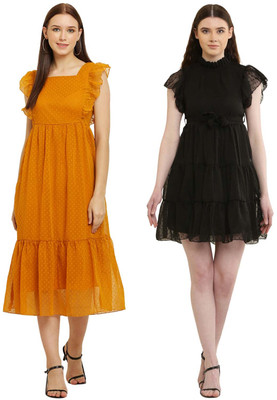 Heaven's creation Women Fit and Flare Yellow, Black Knee Length Dress