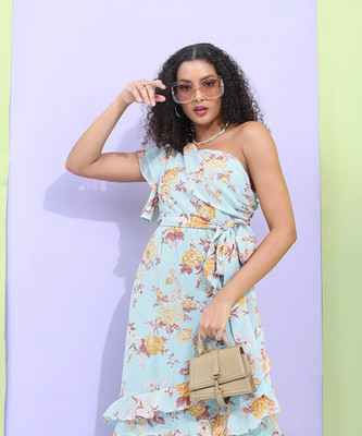 Tokyo Talkies Women Fit and Flare Blue Midi/Calf Length Dress