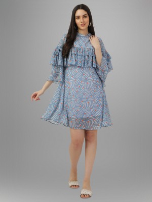 masakali.co Women Fit and Flare Blue, Orange, White Dress