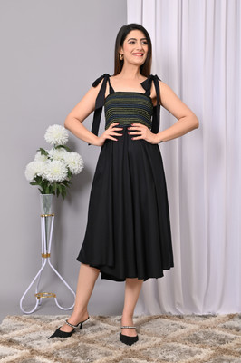 IQRAAR Women Fit and Flare Black Below Knee Dress
