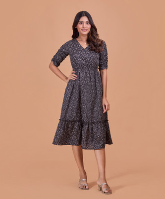 FashFun Women Fit and Flare Black Midi/Calf Length Dress