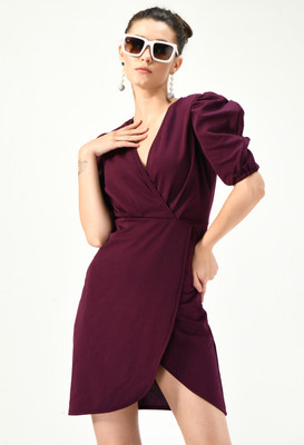 Lyublyu Women Wrap Maroon Above Knee/Mid Thigh Length Dress