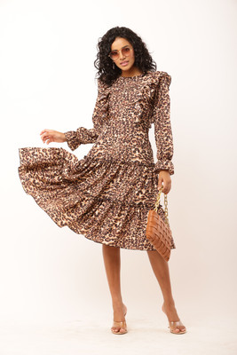 Elizy Women Fit and Flare Brown Knee Length Dress