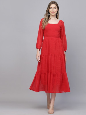 AAYU Women Fit and Flare Red Maxi/Full Length Dress