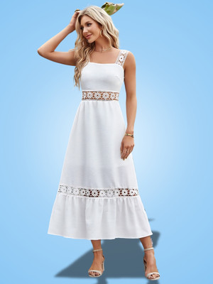ZELZIS Women Fit and Flare White Midi/Calf Length Dress