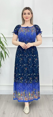 COMFY ATTIRE Women Fit and Flare Blue Maxi/Full Length Dress