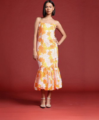 all about you Women Drop Waist Orange Midi/Calf Length Dress