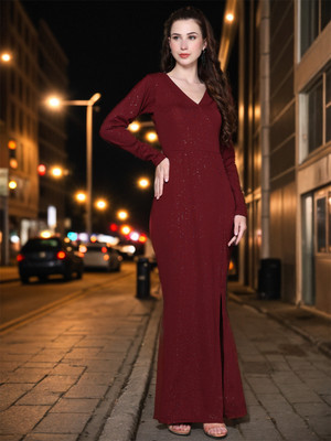 Ziva Fashion Women Bodycon Maroon Midi/Calf Length Dress