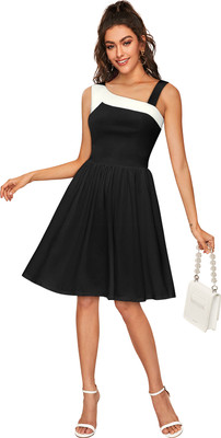 HEER FASHION Women Fit and Flare Black Knee Length Dress