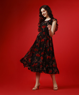 Fashion2wear Women Fit and Flare Black, Red, Brown Below Knee Dress