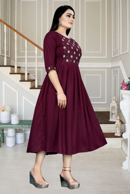ShopGlobal Women A-line Maroon Below Knee Dress