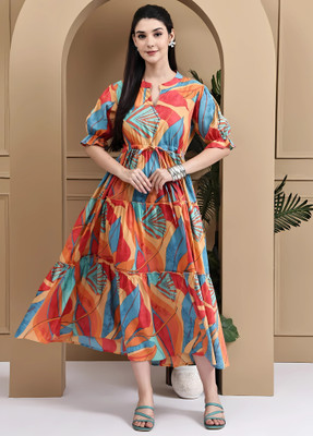 Deklook Women Fit and Flare Orange Maxi/Full Length Dress