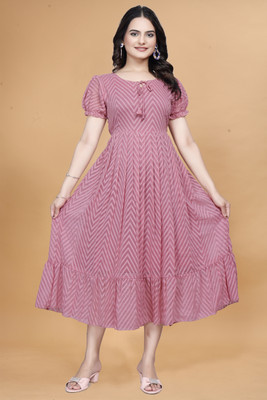 Qena Women Fit and Flare Pink Midi/Calf Length Dress