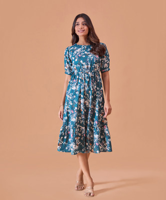 FashFun Women Fit and Flare Blue Midi/Calf Length Dress