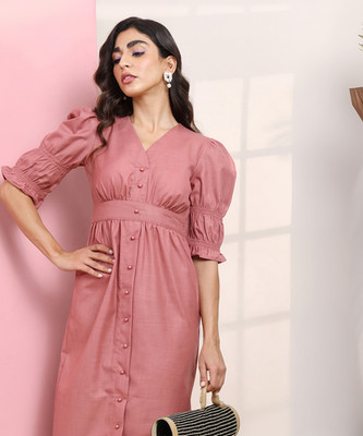 Tokyo Talkies Women Fit and Flare Pink Midi/Calf Length Dress