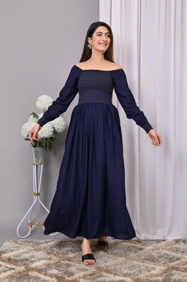 IQRAAR Women Fit and Flare Blue Maxi/Full Length Dress