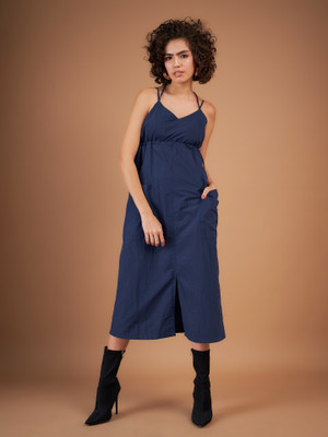 SASSAFRAS Women A-line Dark Blue Midi/Calf Length Dress